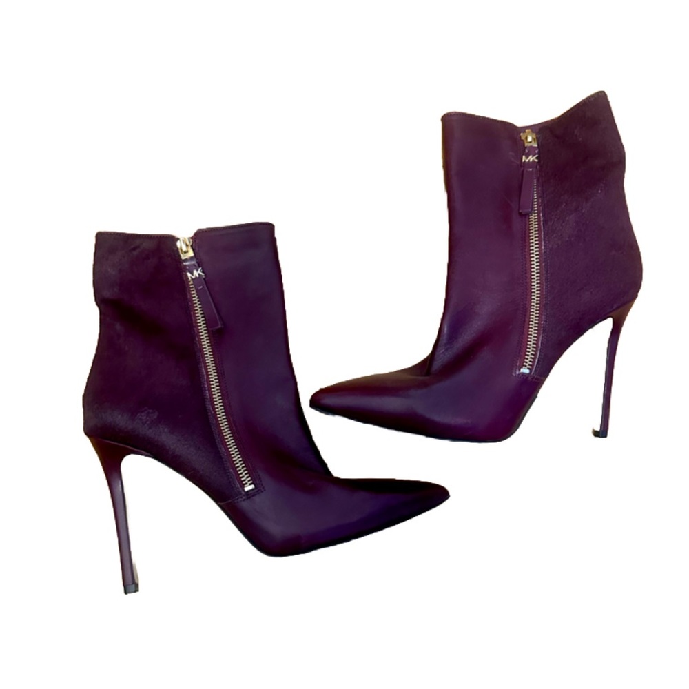 NEW MICHAEL KORS Burgundy heeled booties leather and calf fur 8.5 *READ